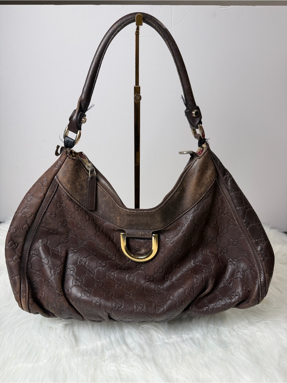 Gucci Guccissima Dark Brown Leather D-Ring Hobo Shoulder Bag